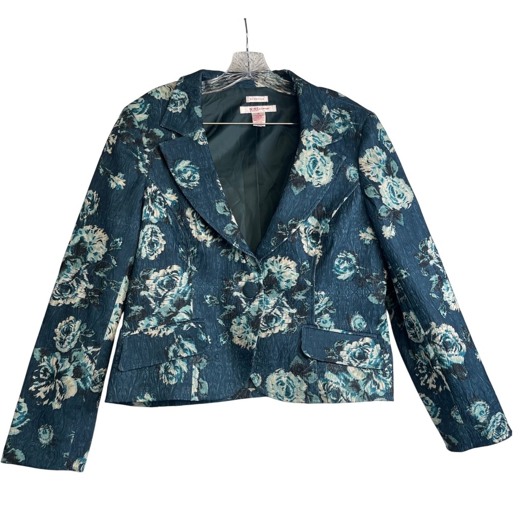 Nine & Co Women's 14 Blue Floral Stretch Blazer Jacket‎ Career Office Chic VTG